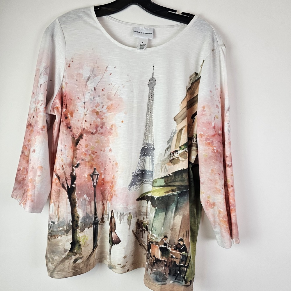 Alfred Dunner Paris Café Scenic Print Top Women's M White Pink Long Sleeve Shirt